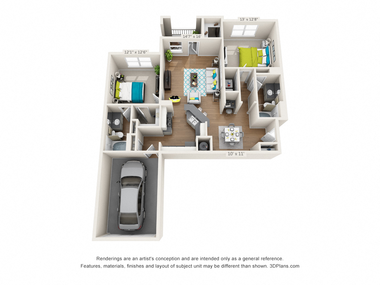 Floor plan for 2 beds, 2 baths, 1177 sqft
